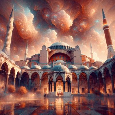 The primary subject of the image is a large, ornate building with a dome, which appears to be a mosque. The setting is a courtyard with a reflecting pool, and the visual style is a painting or digital art. The colors and mood of the image are warm and inviting, with the building's architecture and the reflecting pool creating a serene and peaceful atmosphere.